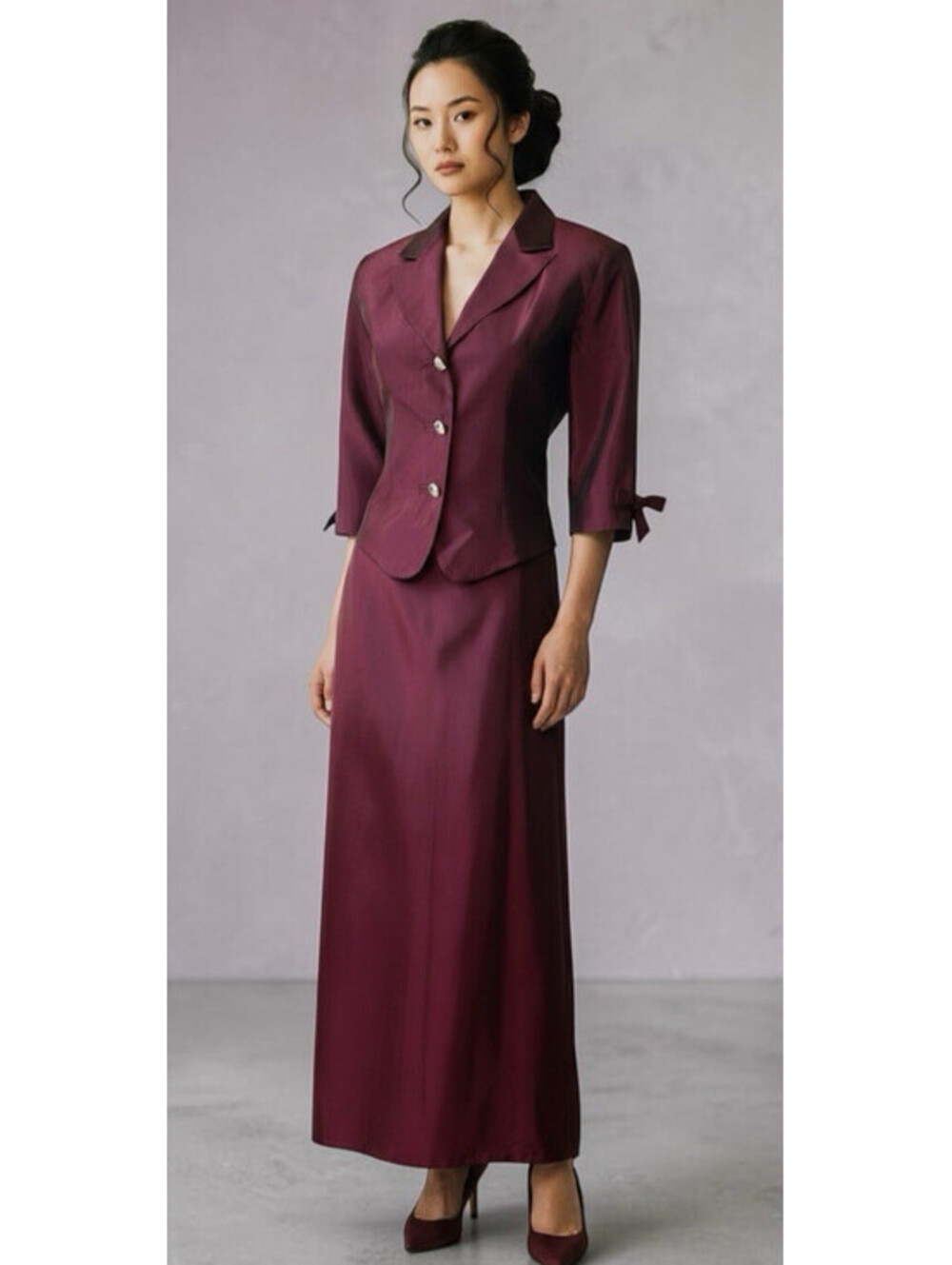 Vtg JS Collection Sz 10 Burgundy Evening Long Skirt 2pc Suit 3/4 Sleeve Gothic